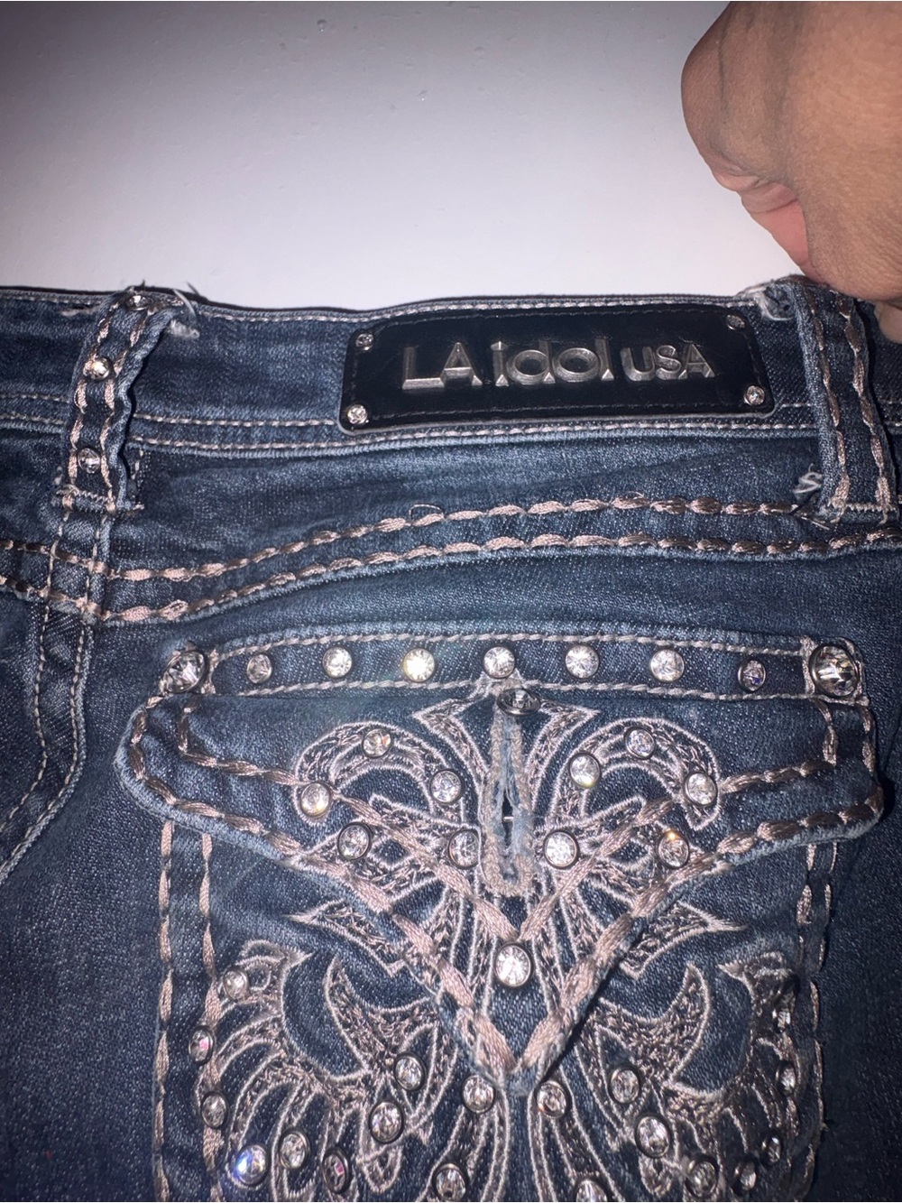 L.A. idol Dark Blue Embellished Flare Jeans with Rhinestone Embroidery